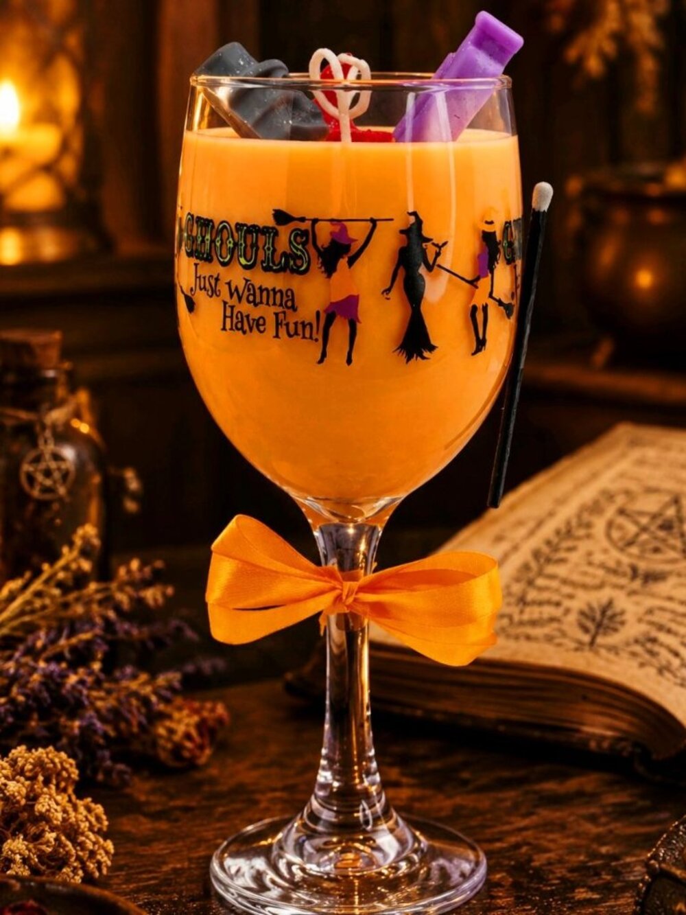 Artisan One Moon Flame Midnight Coven Spritz Halloween Wine Glass 12oz Candle